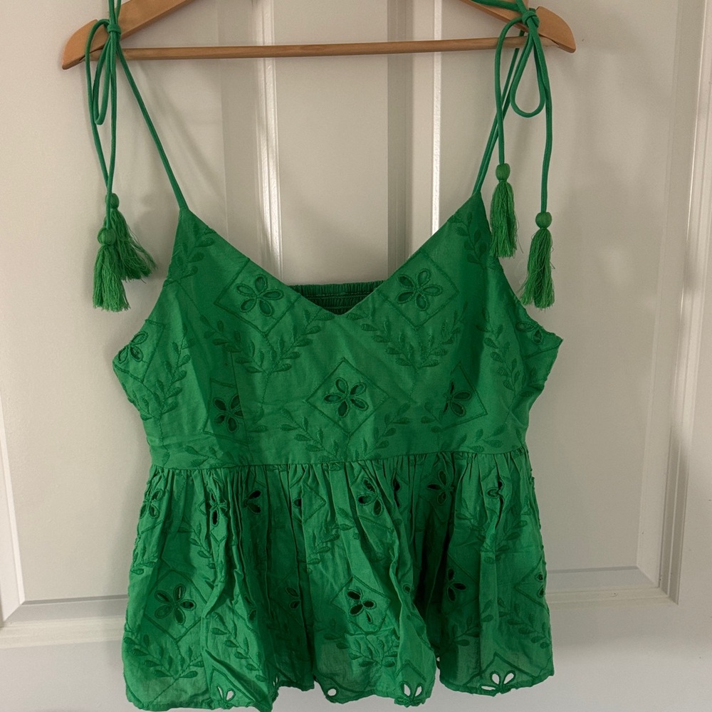 Women's Green Embroidered Tie-Strap Cami Top